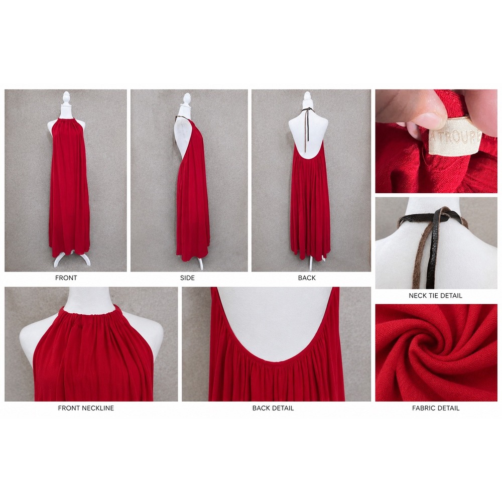 La Troupe S Halter Maxi Dress Womens Red Leather Tie Back Flowy Gauze Boho Chic